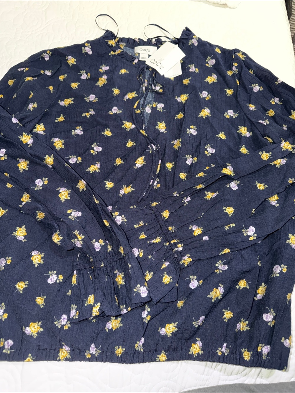 NWT CeCe Navy Floral Tie-Front Blouse with Yellow & Lavender Blossoms, Size M
